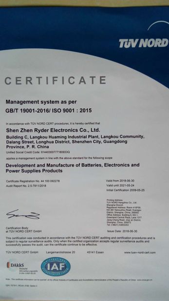 Китай Shenzhen Ryder Electronics Co., Ltd. Сертификаты